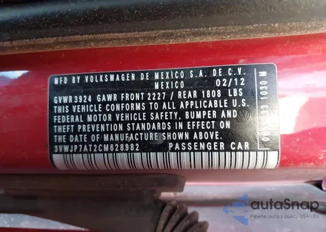 2012 Volkswagen Beetle 2.5L from USA, damaged, VIN 3VWJP7AT2CM628982